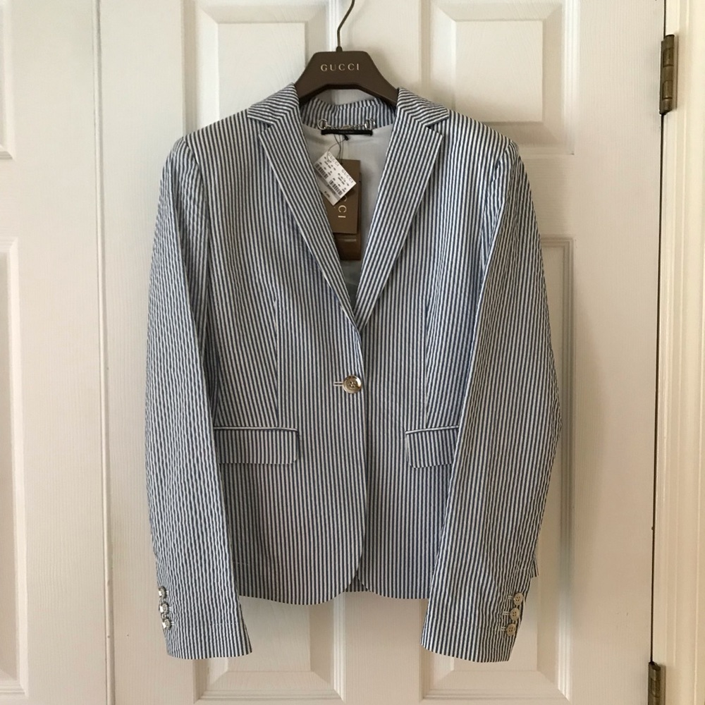 Tailored white and blue striped Gucci jacket